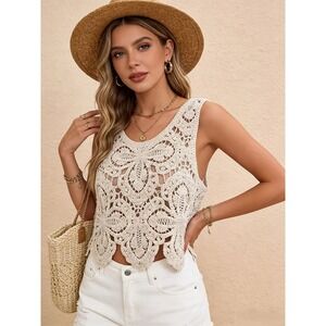 Unbranded Boho Crochet Lace Tank Top Cream Beige Floral Knit Sleeveless NEW Sz S